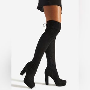 NIB Black Faux Suede Over The Knee Block Heel Boot